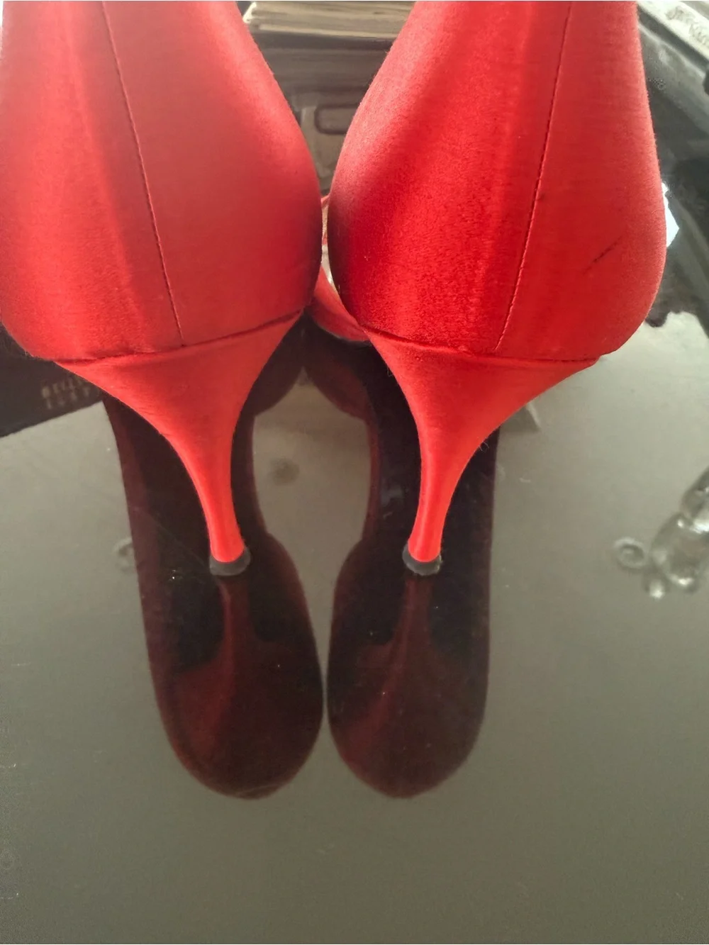 Stuart Weitzman Red Satin Peep-Toe Pumps with Rosette